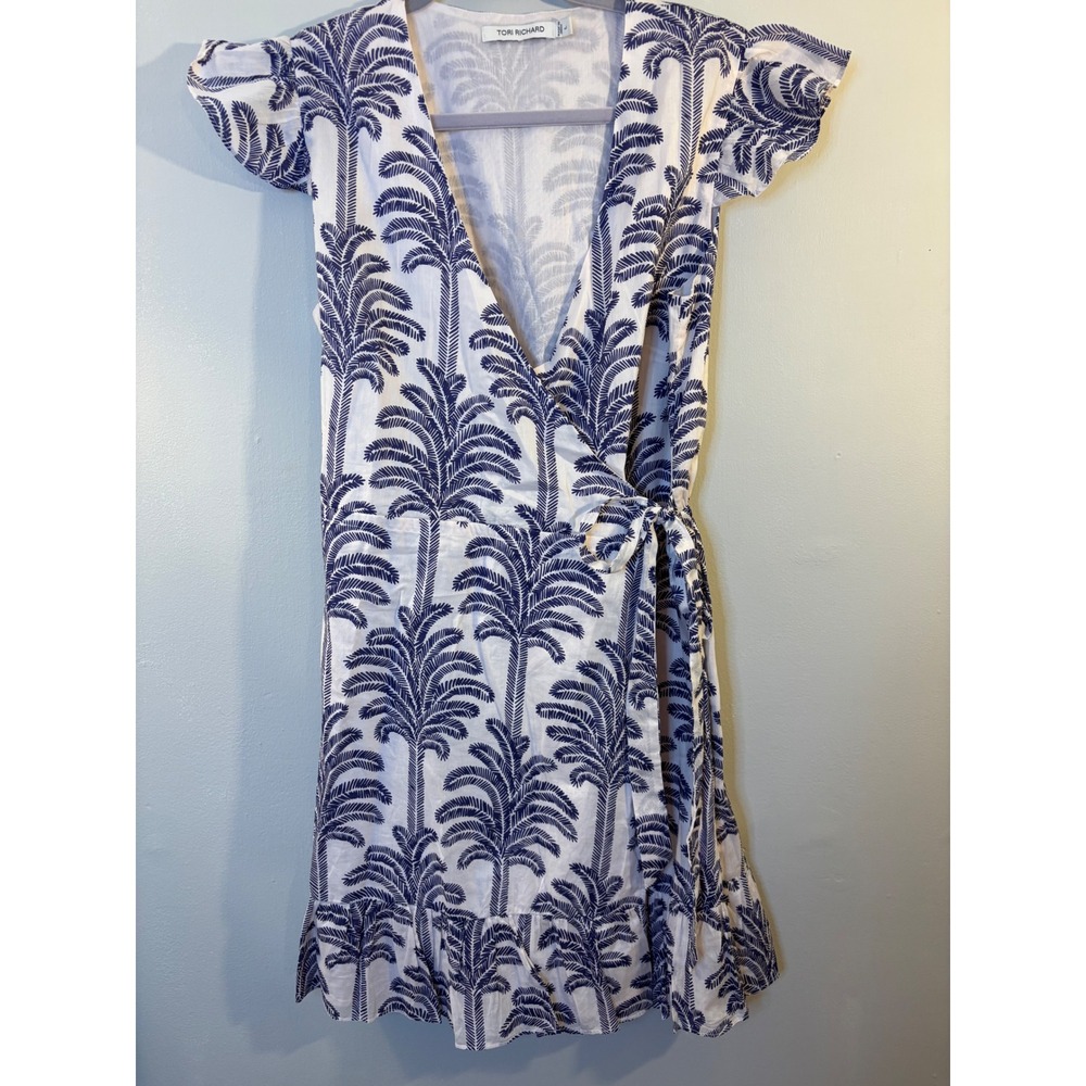 Tori Richard Blue Cotton Palm Tree Wrap Dress L Flutter Sleeve